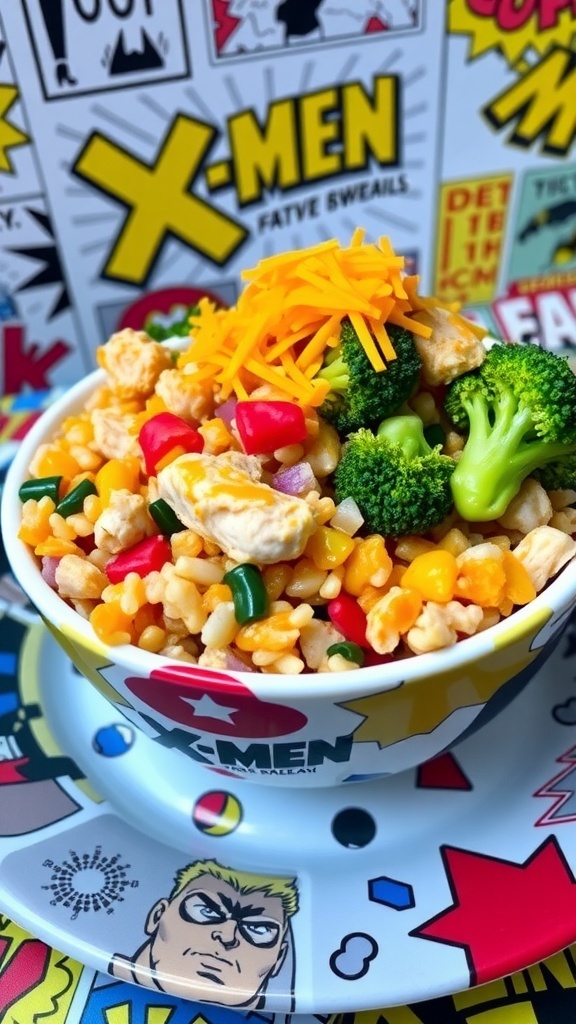X-Men themed microwave meal with rice, chicken, and broccoli on a superhero plate.